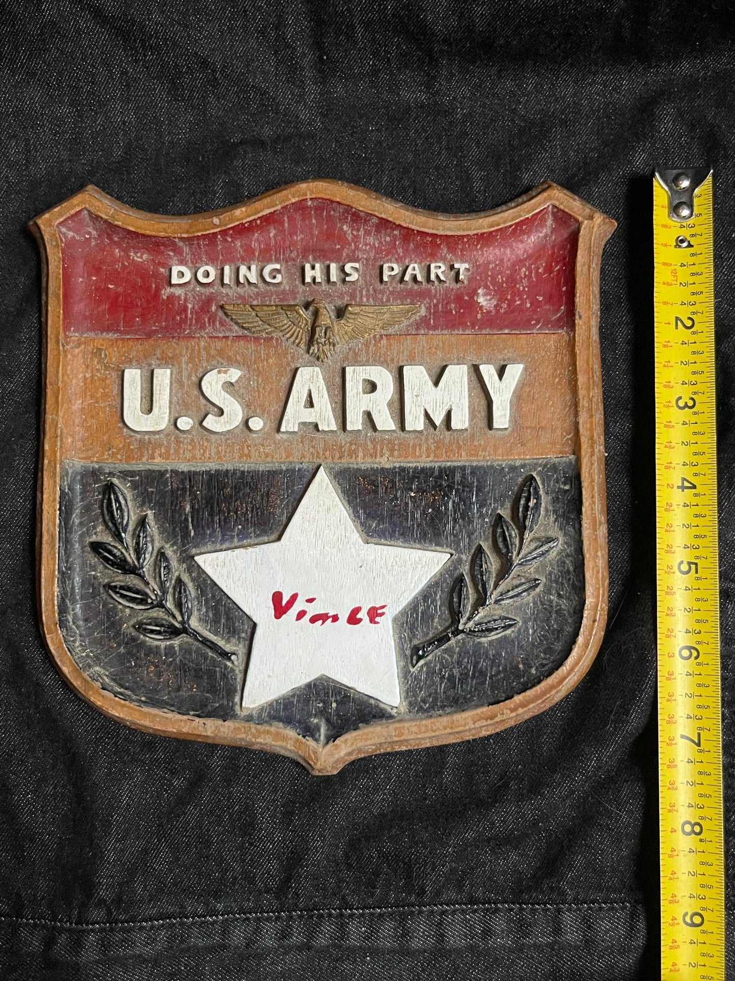 US ARMY "DOING HIS PART" WOODEN SHIELD/PLAQUE