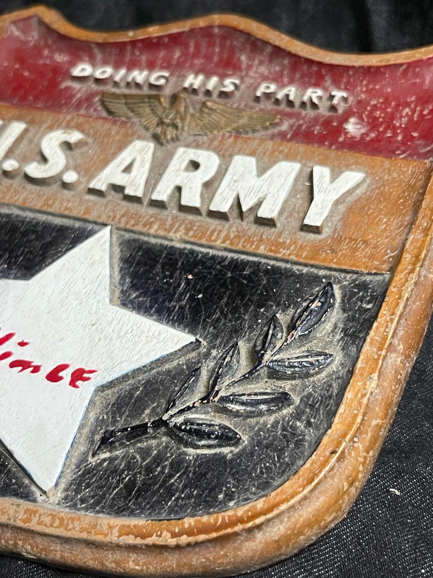 US ARMY "DOING HIS PART" WOODEN SHIELD/PLAQUE