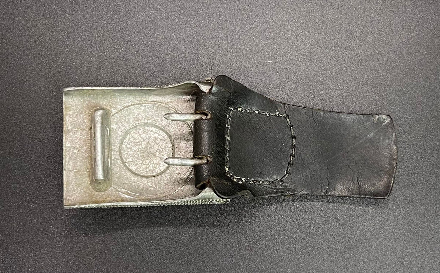 GERMAN WW2 DUTCH MADE EM/NCO POLICE BELT BUCKLE WITH LEATHER TAB