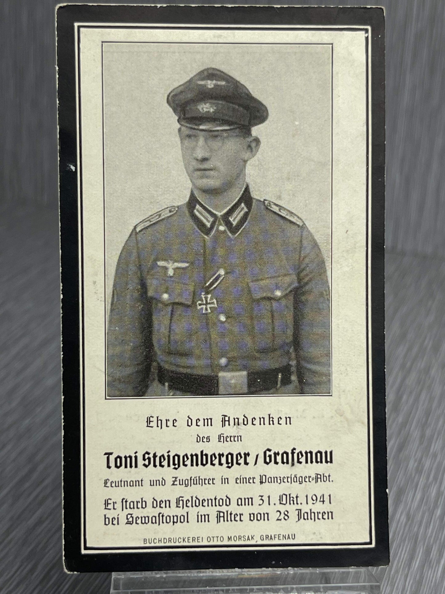 GERMAN WW2 PANZERJAEGER OFFICER DEATH CARD IRON CROSS II CLASS RECIPIENT EASTERN FRONT SEVASTOPOL BATTLE