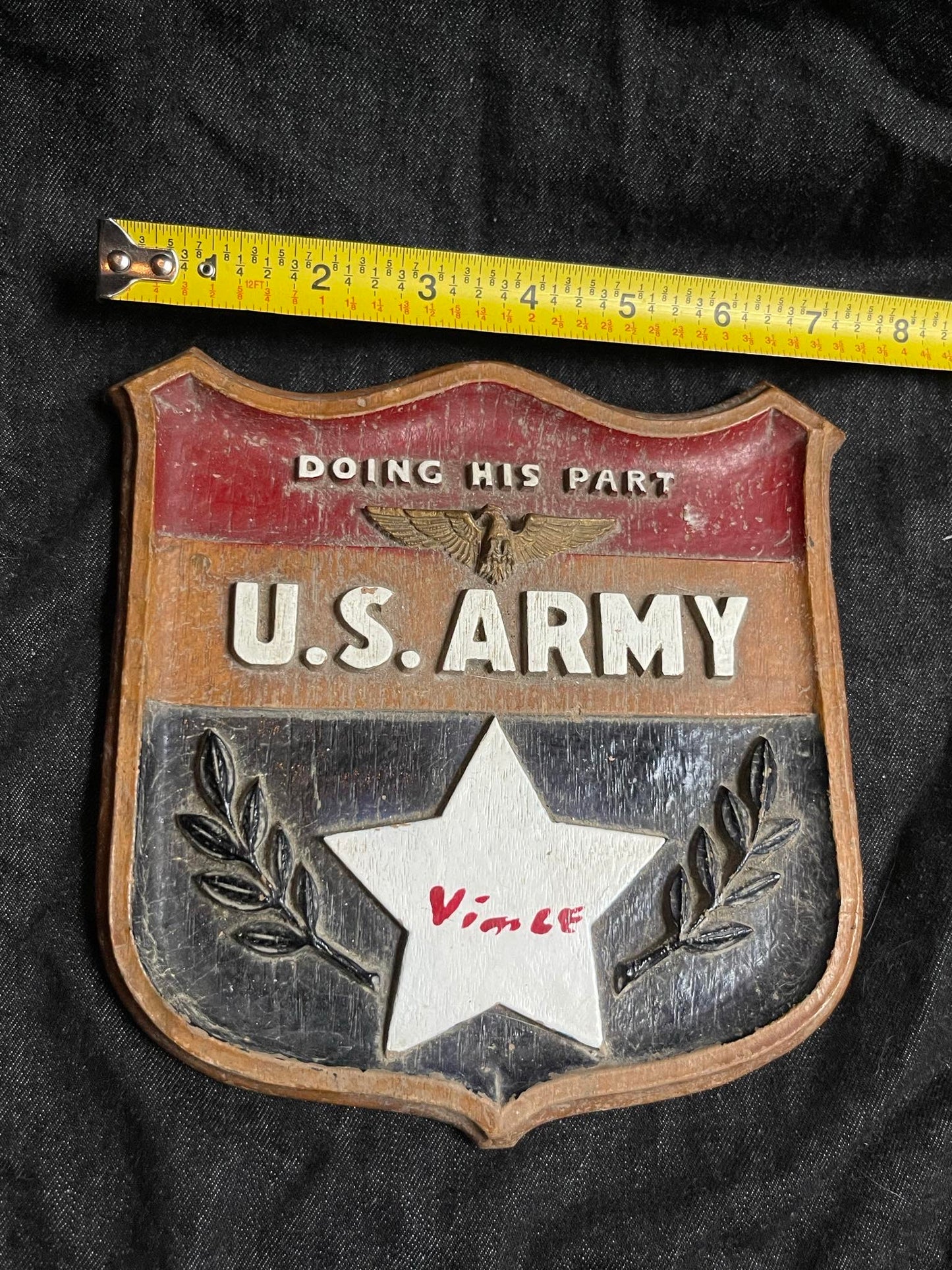 US ARMY "DOING HIS PART" WOODEN SHIELD/PLAQUE