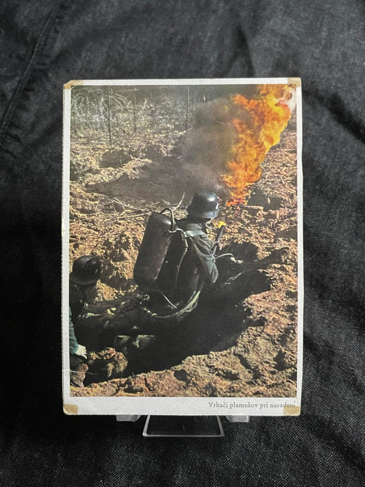 GERMAN WW2 FLAMETHROWER SOLDIER POSTCARD CZECHOSLOVAKIAN VERSION