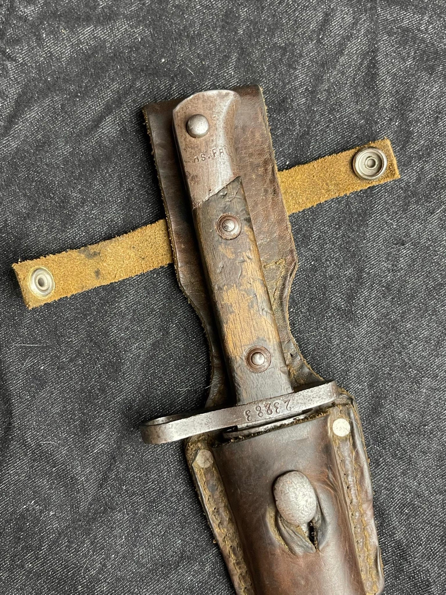 INTERESTING EARLY TURKISH ASKARI FABRIKA M1935 MAUSER BAYONET W/ LEAF SPEING AND MODIFIED GERMAN WW1 FROG